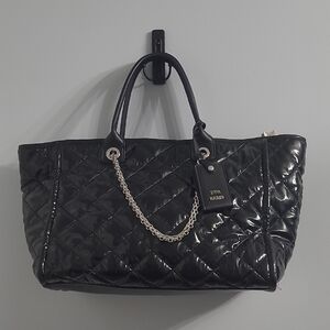 Steve Madden Glossy Black Quilted Tote